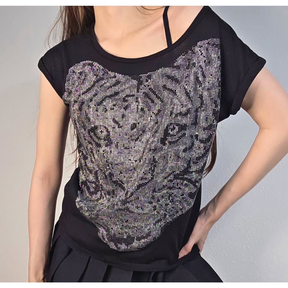 Rhinestone Tiger T-Shirt Black Indie Sleeze Y2K 2010s Grunge Statement McBling